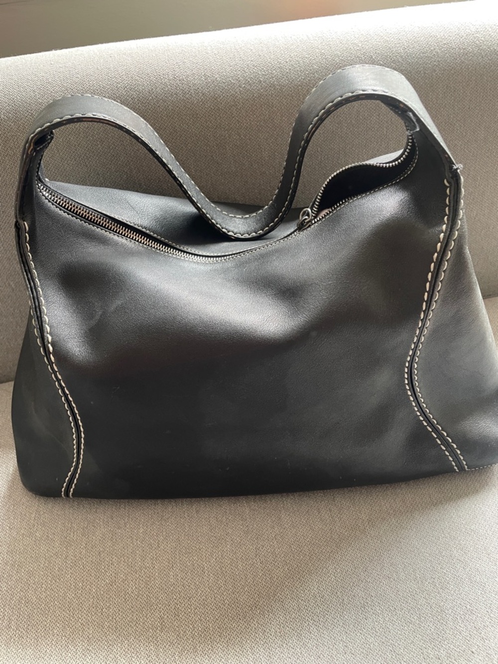 Tod's Black Leather Shoulder Bag with White Contrast Stitching